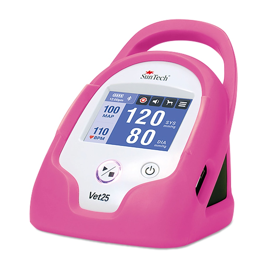 SunTech VET25 pink blood pressure monitor, including 6 cuffs, blood pressure hose, power supply, Li-ion battery and protective cover