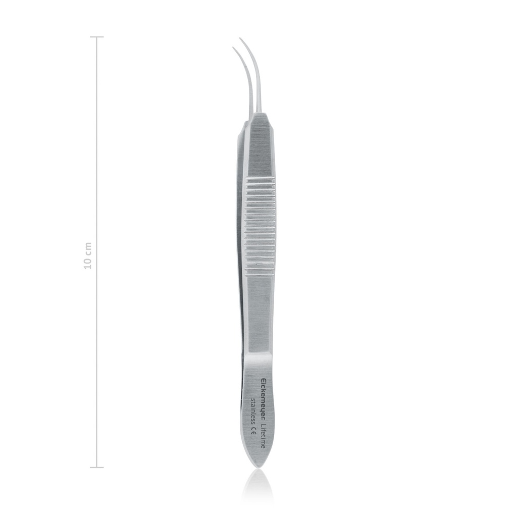 Pinzetta per fili sutura HARMS, L 10 cm curva, piattaforma da 6 mm per filo da 7-0 a 9-0 curvo da 10 cm