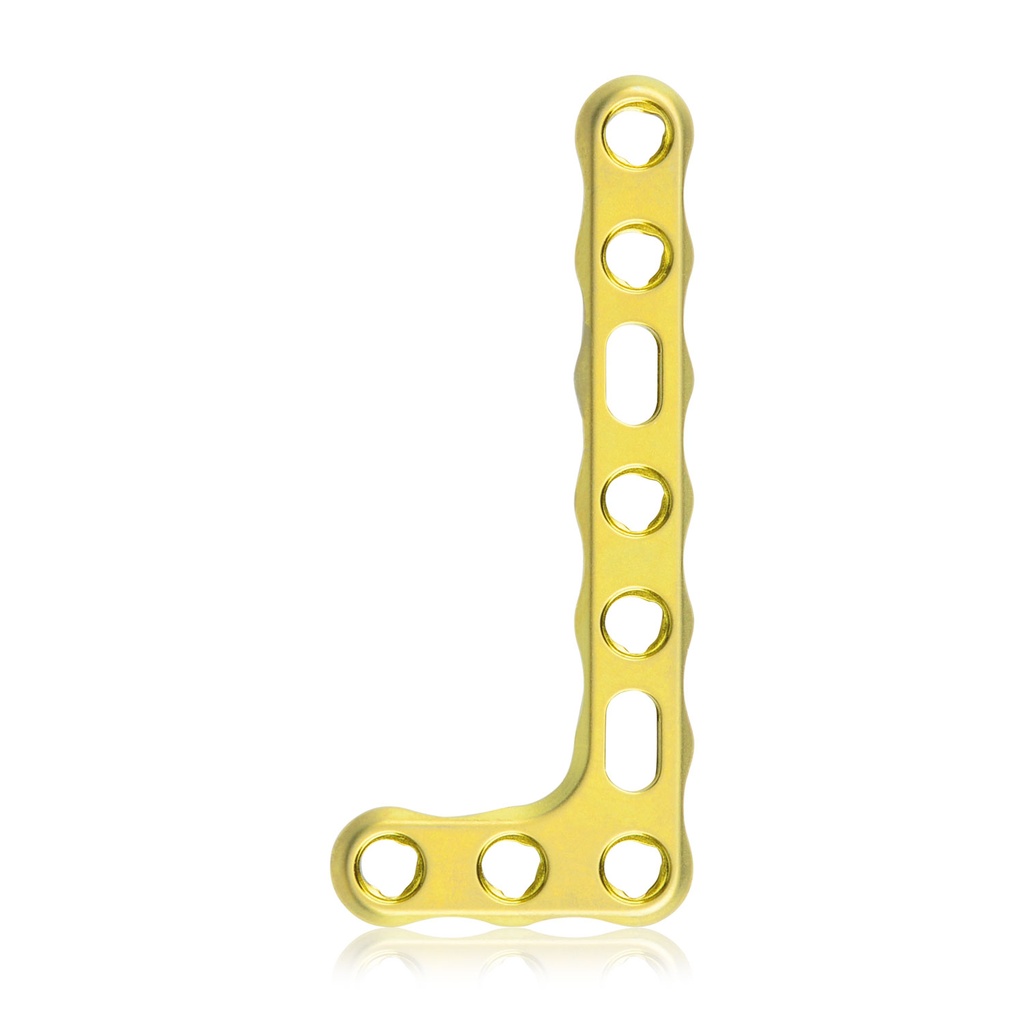 EickLoxx Small Contour 2.2 L-alakú csontlemez, bal oldali, 9 lyuk, 18 × 39 mm, 1.7 / 2.3 rendszer, sárga