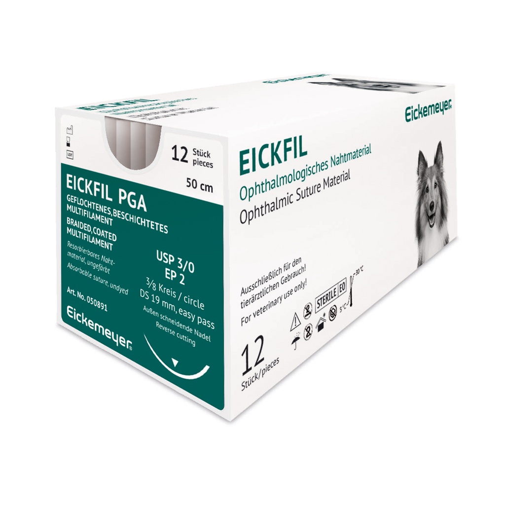 EickFil PGA, USP 3/0, EP 2, 3/8 cerchio, DS 19 mm, ago triangolare, incolore, L. 50 cm, cf da 12 pz