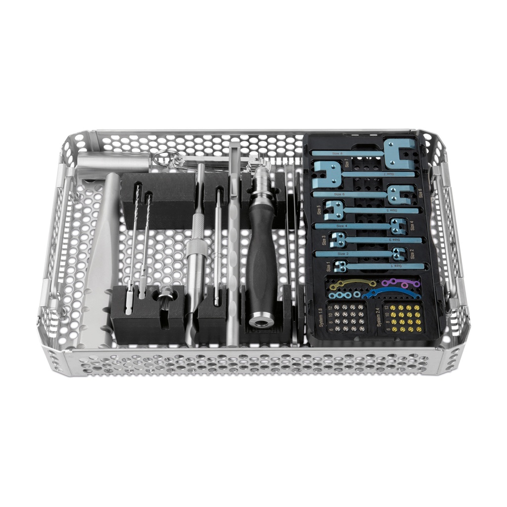 EickLoxx SPP® patella luxatio-s készlet, amely tartalmazza: szitás tálca műszerekkel, 8 db PatLux lemez, 4 db rögzítőlemez, 2 db alátét, konténerben