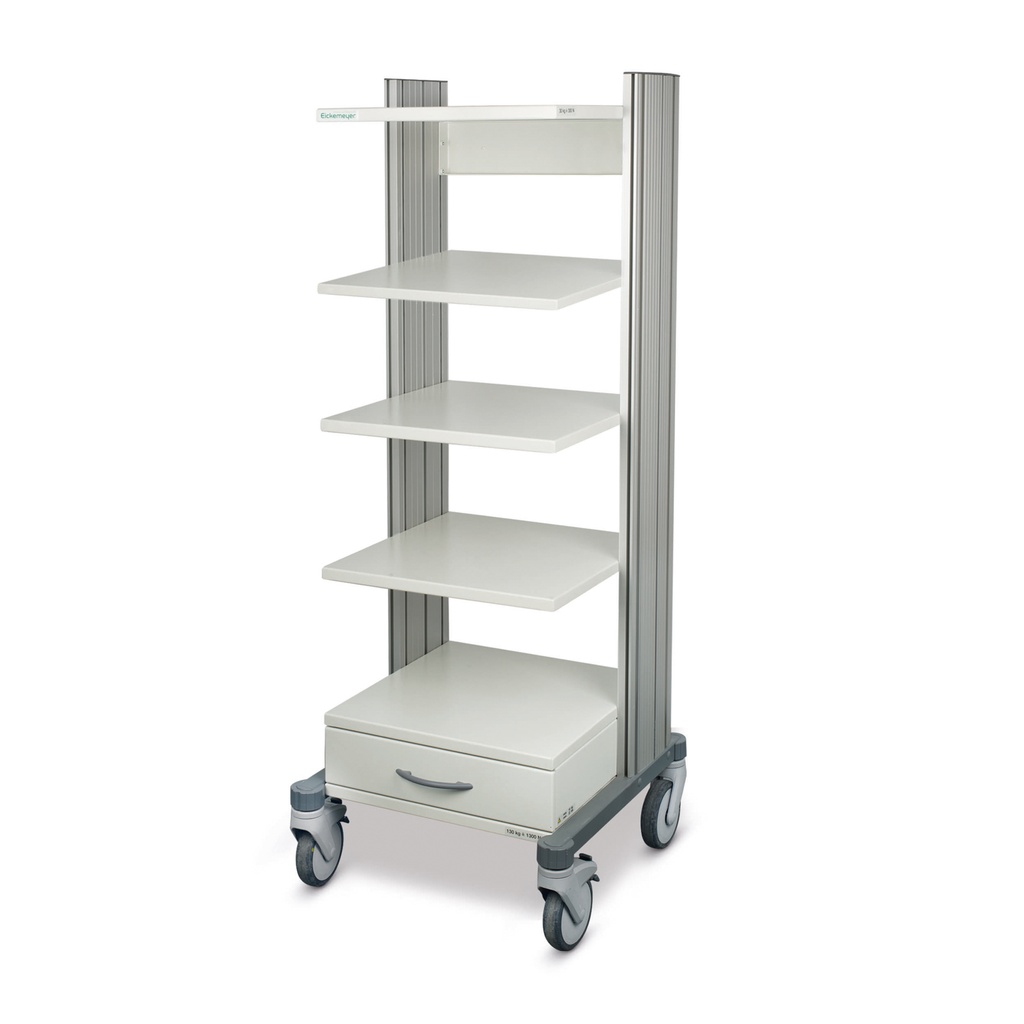 Carrello per endoscopia, altezza  1428 mm, largh. utile 600 mm,  4 ruote con freno, 4 mensole e