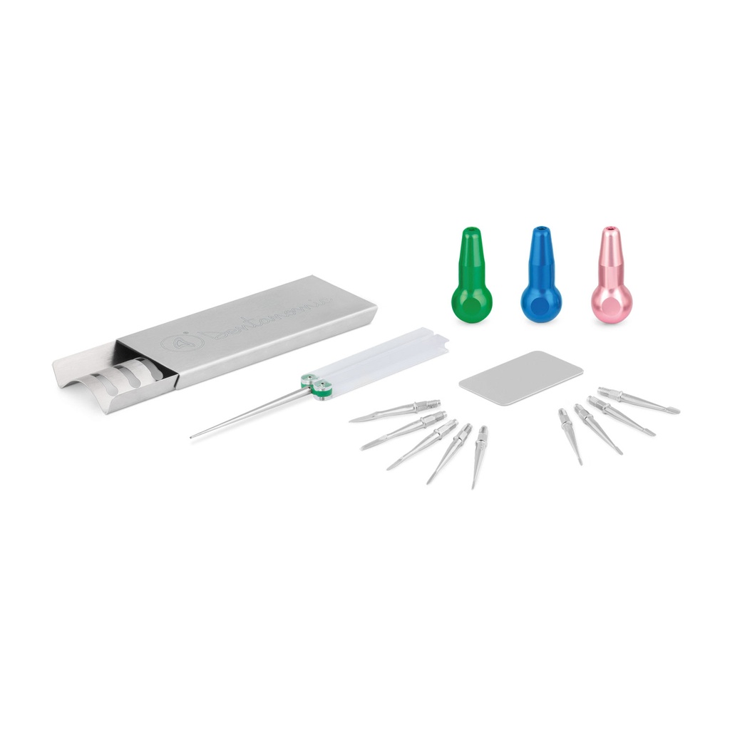 Dentanomic készlet – ezüst, 3 hosszú nyéllel (zöld, kék és rózsaszín), gyökéremelő- és luxációs penge készlettel (9 db), tárolóállvánnyal és élezőkészlettel