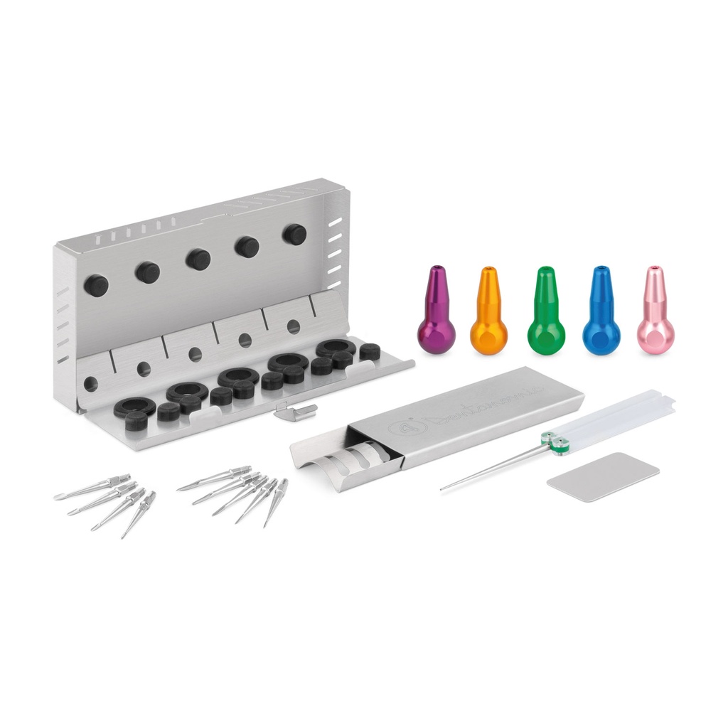 Dentanomic készlet – arany, 5 hosszú nyéllel (lila, narancssárga, zöld, kék és rózsaszín), gyökéremelő- és luxációs penge készlettel (9 db), tárolóállvánnyal, élezőkészlettel és sterilizáló tartállyal