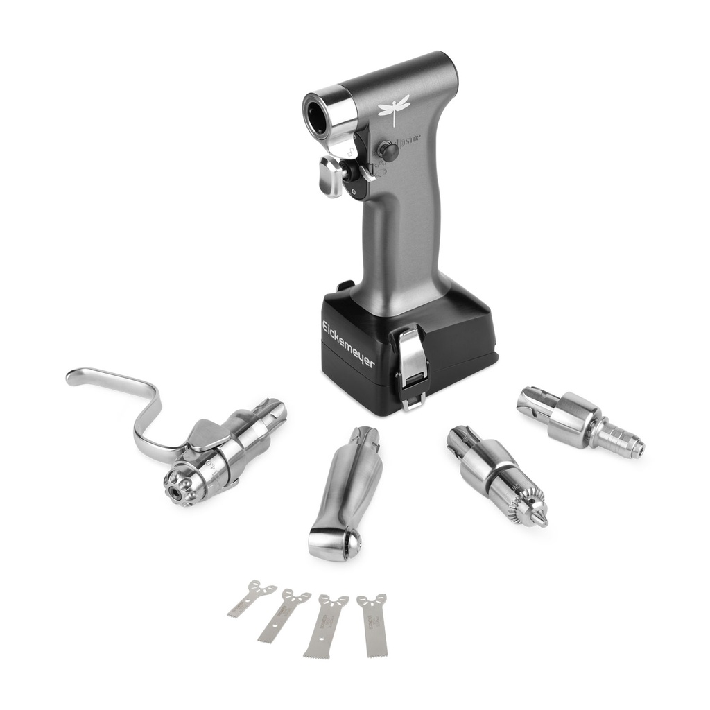 DRAGONFLY akkumulátoros fúrókészlet, tartalma: Kézidarab, 4 feltét: Jacobs tokmány, AO gyorscserélős tokmány, gyorscserélős tokmány KIRSCHNER-fúródrótokhoz, oszcilláló fűrész + 4 fűrészlap, meghajtó egység akkumulátorral, töltő, steril tölcsér, szállítótáska