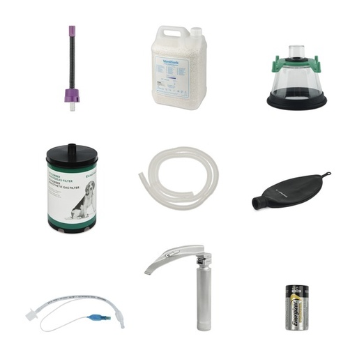 [213061] Starterset NarkoVet Isofluran neu Bestehend aus: - Sicherheitseinfüllstutzen für Isofluran  - EickSorber Narkosegasfilter - Abluftschlauch, 2 m, transparent - 3x 4,5 kg Atemkalk mit Farbumschlag  - 4x Atembeutel, 1, 3 und 5 l  - 6x Atemmasken aus Kunststoff Gr. 1 – 6  - 9x Trachealtuben aus Kunststoff, 2,5-10,0 mm  - Laryngoskop ECONOMY (Kopie)