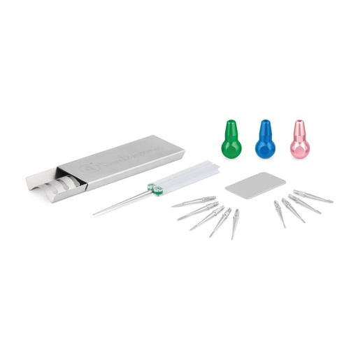 [175060] DENTANOMIC Set – silver, consisting of 3 short handles (green, blue, and pink)+ elevator and luxator blade set (9 pieces) + storage rack + honing kit